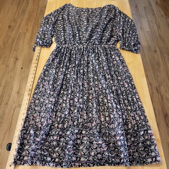 Vintage Sheer Stripe Black Floral Dress Elastic Waist Midi Long Sleeve 28" Waist - Picture 1 of 10